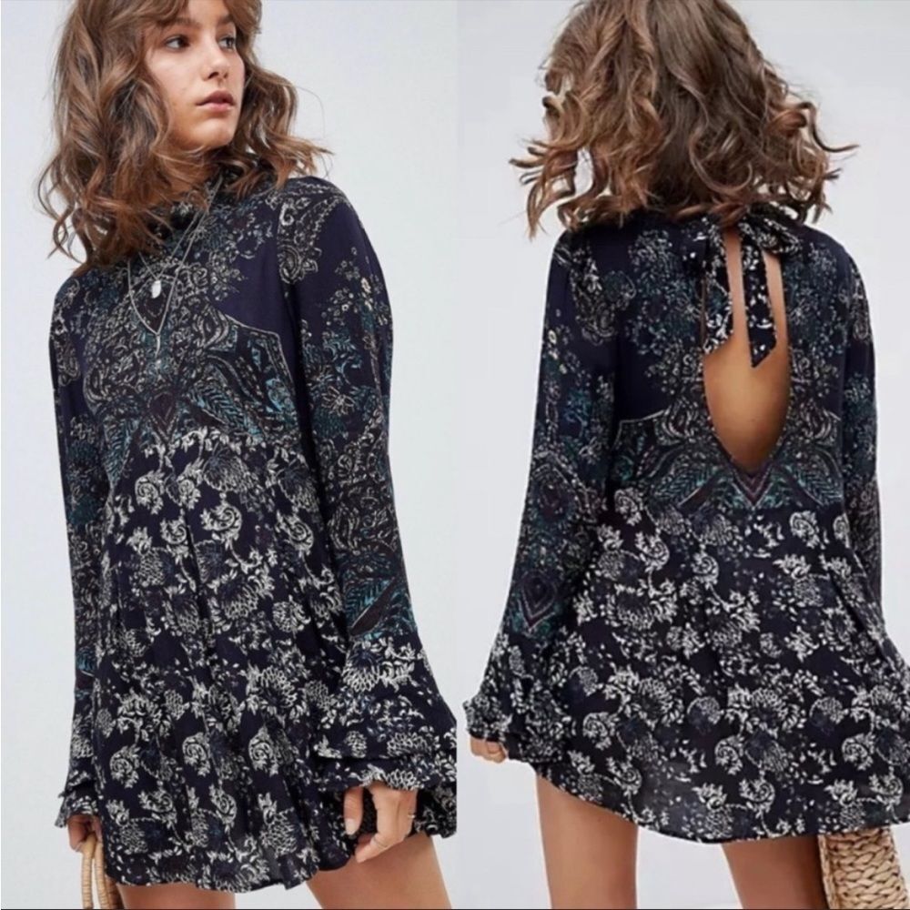 Free People Top Lady Luck Print Tunic Mutil Blue Green Mock Neck Tie Back S